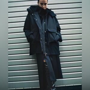 Zara ZW Collection Wool Detailed Oversized Hooded Parka Jacket Black M/L